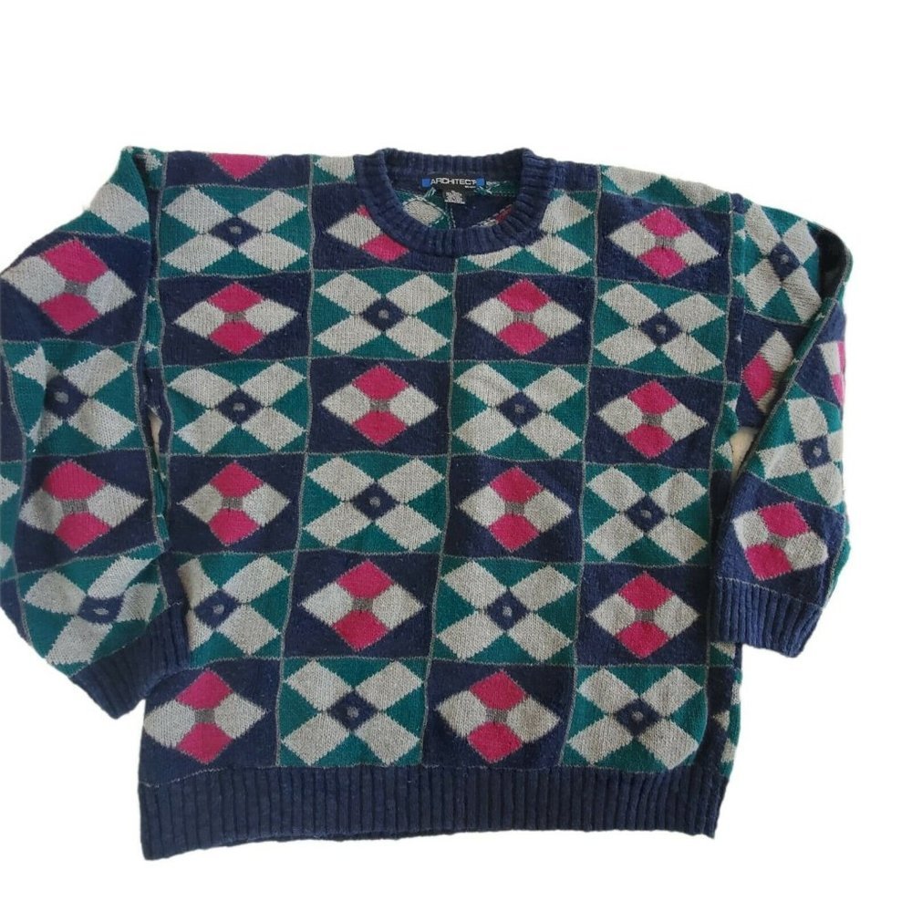 Vintage 90s Mens Geometric Preppy Diamond Dad Sweater Blue Pink Ramie XL